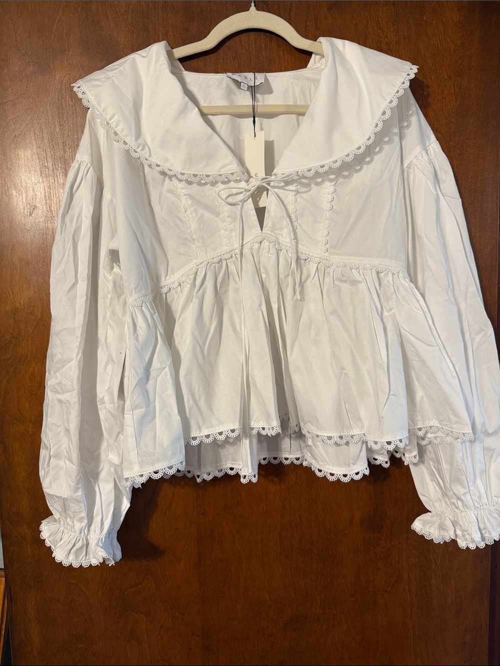 White Lace-Trim Peplum Sailor Blouse with Tie Neck